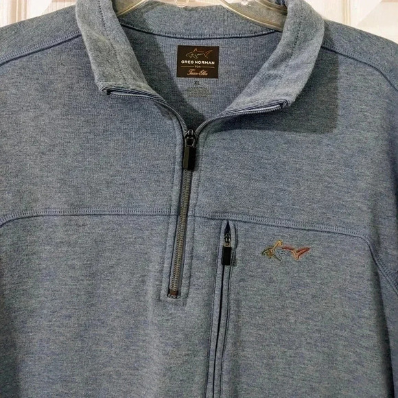 Greg Norman Mens XL Fitted Blue 1/4 Zip Golf Sweatshirt Zippered Chest Pocket - Picture 4 of 5